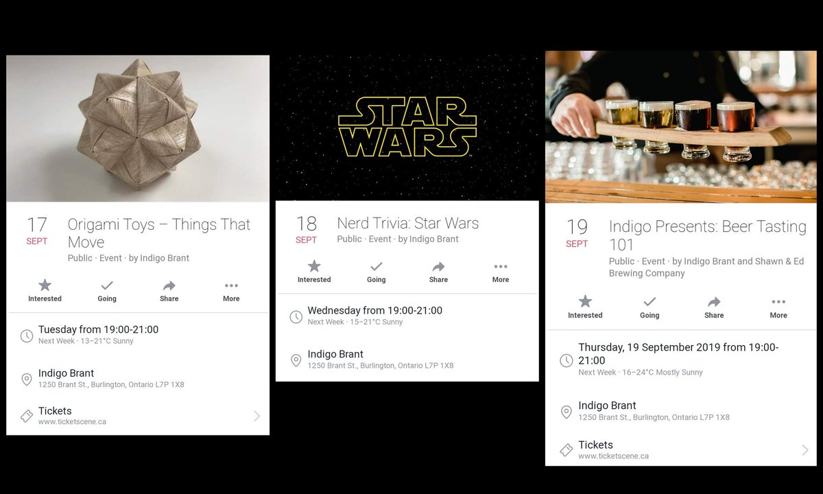 IndigoBrant's tweet photo. Here's our events for this week. 
Tuesday- Origami is $25
Wednesday- Nerd Trivia is free!
Thursday- Beer Tasting is $20! 

Check all our events on our Facebook page! #BurlON https://t.co/F0Tbz2TbyM