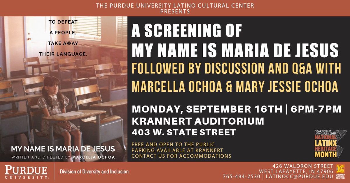 Reminder to come out to Krannert Auditorium tomorrow at 6PM for a screening of My Name is Maria de Jesus! Hope to see you there! #NLHMPurdue #SomosPurdue #MyNameIs #MyNameIsMariaDeJesus #PIA #PurdueLCC