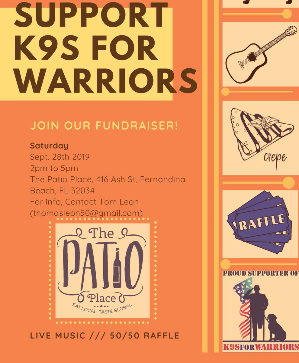 Saturday, September 28th - join us for a very special event to support 'K9s for Warriors'

Live Music
50/50 Raffle
Food specials
Drink specials

Musical performances by:
Hupp Huppmann and Ray Hetchka, 
Amy Basse, Denton Elkins, 
Bryan Spradlin and Tom Leon

#k9forwarriors