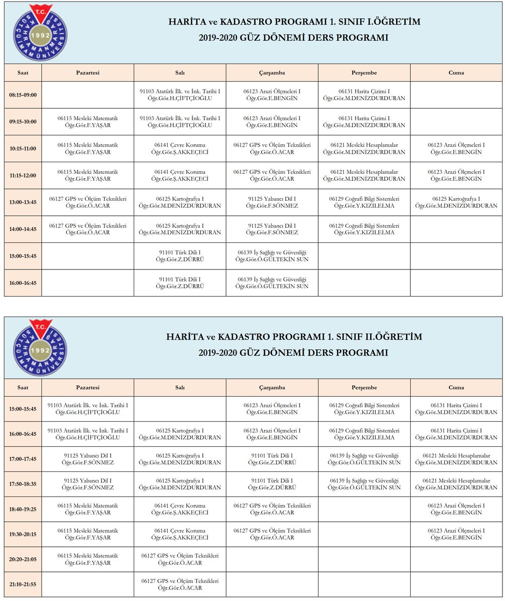 ksumspt's tweet photo. Harita ve Kadastro Programı 2019-2020 Güz Yarıyılı Haftalık Ders Programı https://t.co/FF86CRN3m9