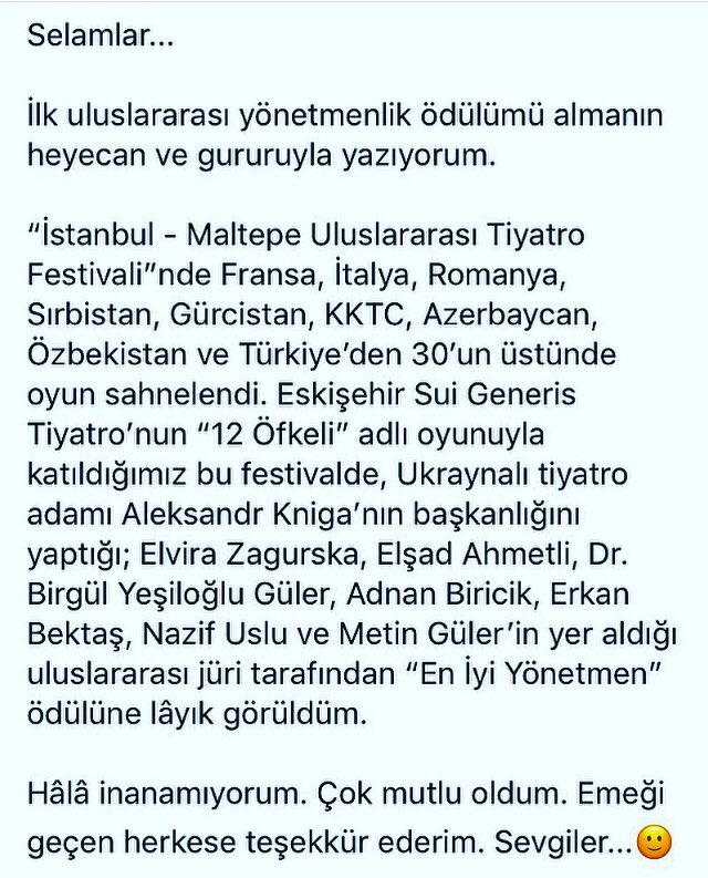 Selamlar...

İlk uluslararası yönetmenlik ödülümü almanın heyecan ve gururuyla...

#bestdirector #eniyiyönetmen #12öfkeli #12angry #theatre #12angrymen #reginaldrose #maltepeuluslararasıtiyatrofestivali