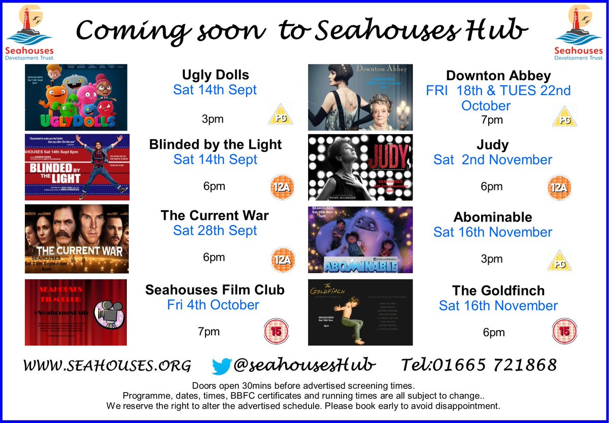 Loads of fantastic #Films coming soon to #SeahousesHub Community Cinema. #Seahouses #Northumberland #DowntonAbbey  #JudyTheFilm  #AbominableMovie  #TheGoldfinch #TheCurrentWar #SeahousesFilmClub <a href="/alnwickgazette/">Northumberland Gazette</a> seahouses.org T.721868 for info/tkts.