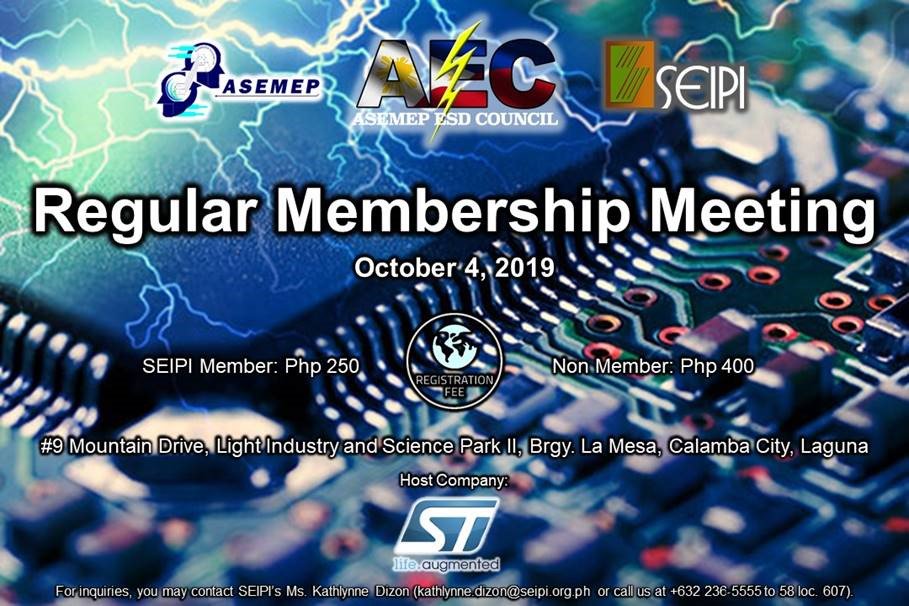 AEC's Regular Membership Meeting (RMM) is happening on October 4, 2019 (Friday), 10:00AM to 3:00PM, at STMicroelectronics, Inc., Light Industry and Science Park II, Calamba City! 😍

For more information, check out the event on SEIPI's Facebook page.