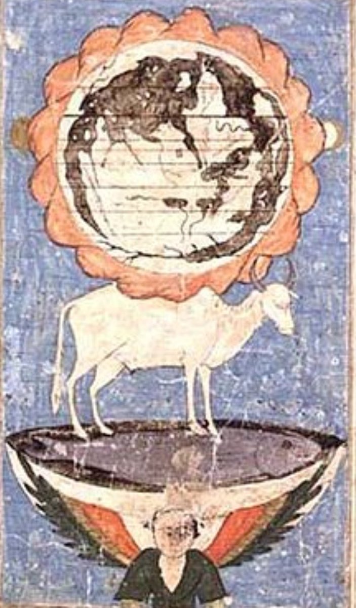 KUJUTA (Kuyūthā/كيوثاء):Part of the Bahamut-verse. In fact it is a cosmic bull, which stands upon the fish Bahamut, and supporting on its back the Earth and a rock platform which supports an angel. Super complex to explain, but hopefully the illustration may help.