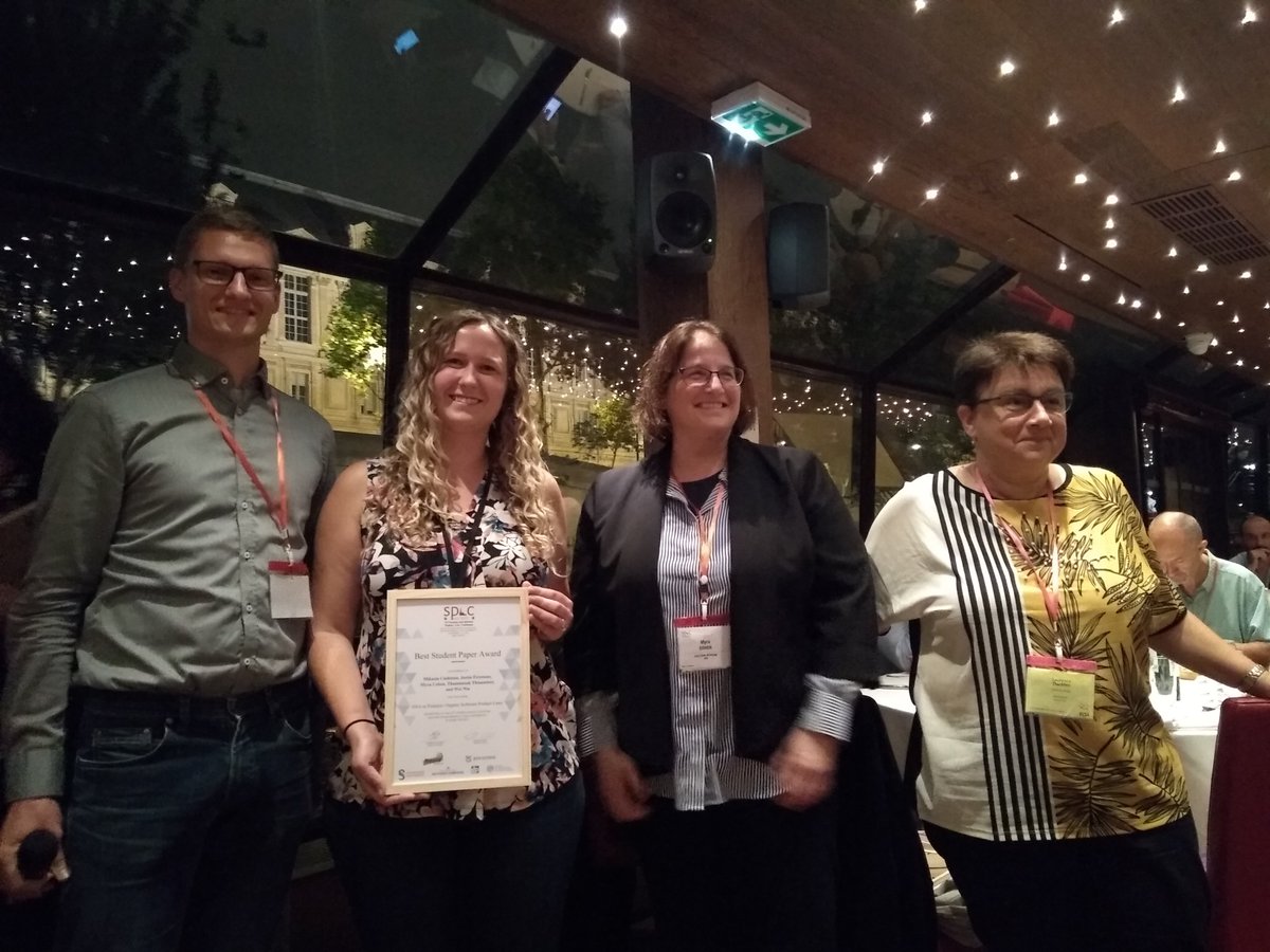 splcconf's tweet photo. Best Student Paper Award: "DNA as Features: Organic Software Product Lines" by M. Cashman, J. Firestone, M. B. Cohen, T. Thianniwet, W. Niu https://t.co/u2ZCo2CdIC