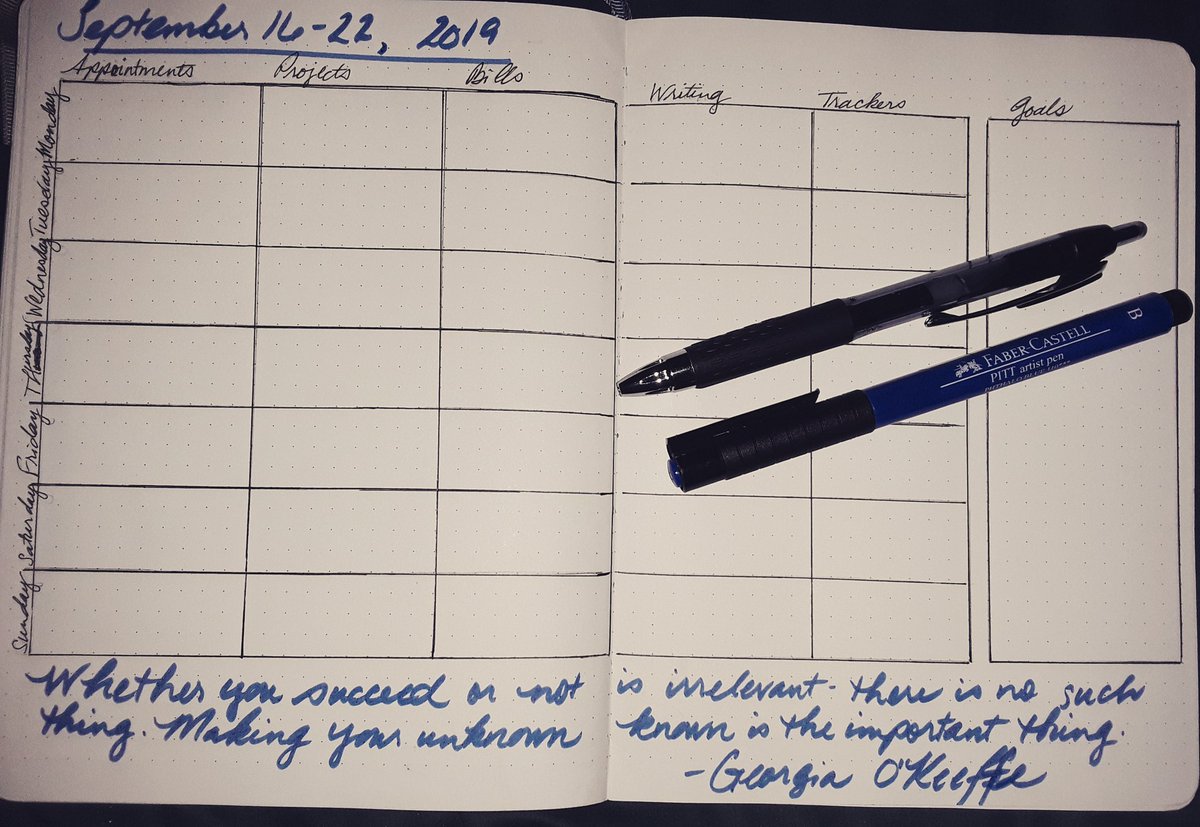 creative_ama's tweet photo. How are you prepping for the week?

"Whether you succeed or not is irrelevant, there is no such thing. Making your unknown known is the important thing." - Georgia O'Keeffe

#bulletjournal #bujo #weeklyspread #MotivationalQuotes #beforethepen https://t.co/QtioFTGAw5