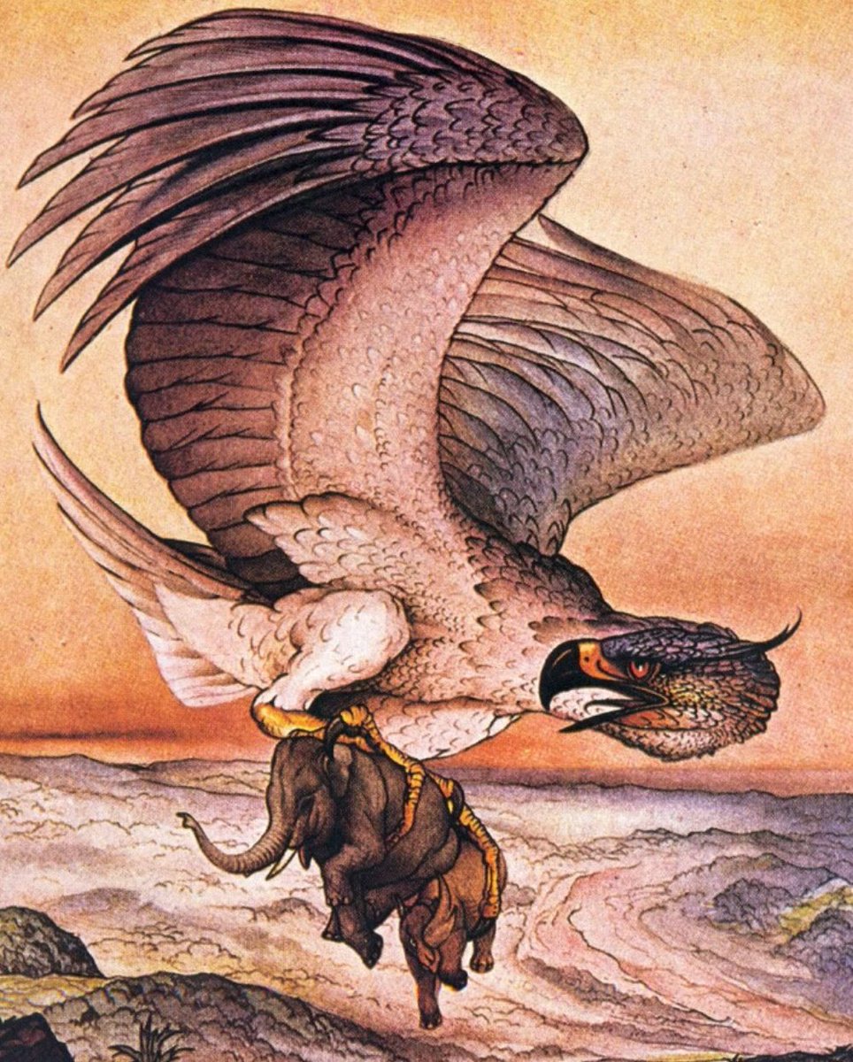 ROC (ruk/ رخ):Giant legendary bird of prey, described as a large "mountain" hanging mid-air (should give you a good idea of just how huge the bird was) it mimicked most prehistoric birds in flight and feeding habits; eg: carrying off elephants and other large beasts for food