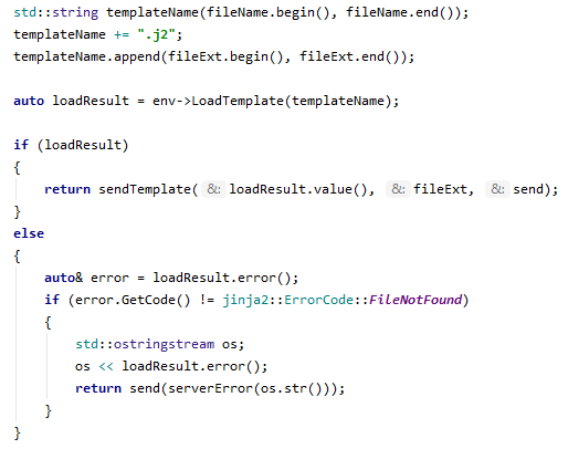 flex_ferrum's tweet photo. #Jinja2Cpp and boost beast integration. 1/4: loading requested template from the jinja2::TemplateEnv object. It's assumed, that TemplateEnv can read files from the external storage.
https://t.co/sdCAH7dWkw https://t.co/33F8nXXKju