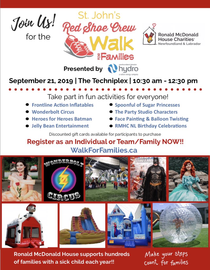 RedShoeCrewSJ's tweet photo. We are going to have so much fun making our steps count for families staying at @OURHOUSENL this coming Saturday, Sept 21 at The Techniplex for the 8th annual @RedShoeCrewSJ presented by @NLHydro! 
All are welcome to come and enjoy with the whole family! #KeepingFamiliesClose https://t.co/QRj0J8FIq9