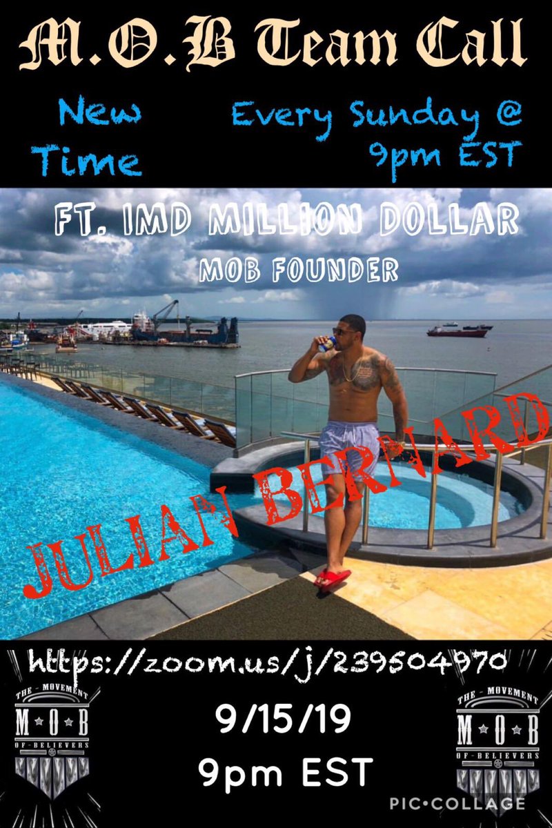 MobWebelieve's tweet photo. 💥💥💥💥MOB TEAM CALL💥💥💥💥
New time for the MOB Team call will be Every Sunday at 9pm Eastern Standard Time!! Starting off tonight with our very own IMD Julian Bernard to kick it off! Definitely hop on and get your team on as well!! 
https://t.co/wH1dkF6mfs https://t.co/Y8bnz9sT5K