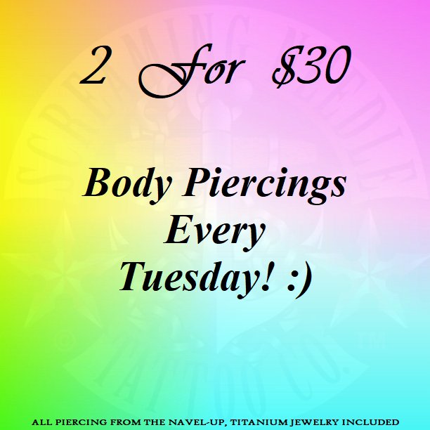 MrNotToday's tweet photo. EVERY TUESDAY π 2 FOR $30 ALL PIERCINGβ Everything from your navel, up! π
Don't settle for the cheap stuff at those other places.. WE USE TITANIUM FOR ALL PIERCINGS. π―
ππππβ€οΈ #Tuesday #Love #piercings #tattoos #tattooed #pierced #happypeople #happycustomers #Happy #2for30 https://t.co/nuRCrJGaBa