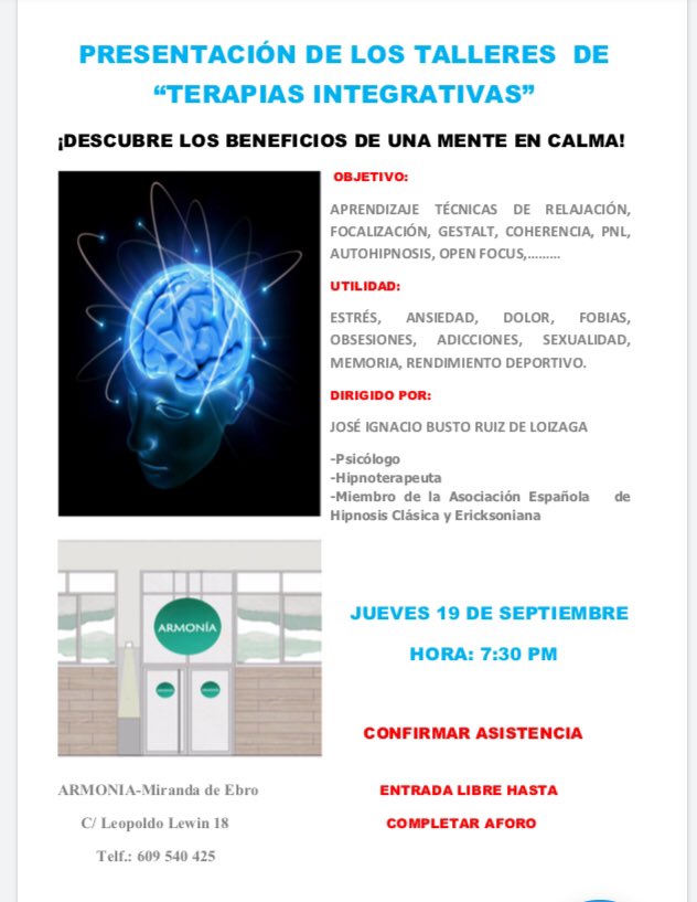 ArmoniaMiranda's tweet photo. PRESENTACIÓN DE LOS TALLERES  DE    “TERAPIAS INTEGRATIVAS”
¡DESCUBRE LOS BENEFICIOS DE UNA MENTE EN CALMA!
OBJETIVO: 
APRENDIZAJE TÉCNICAS DE RELAJACIÓN, FOCALIZACIÓN, GESTALT, COHERENCIA, PNL, AUTOHIPNOSIS, OPEN FOCUS,
UTILIDAD (1/2) https://t.co/q5ZBwX2u9f