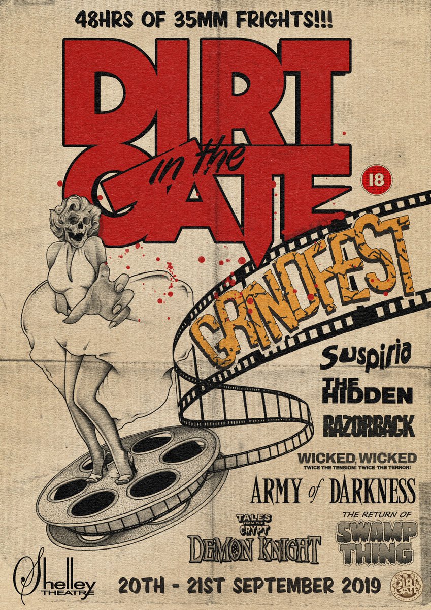 DirtInTheGate's tweet photo. 𝑮𝑹𝑰𝑵𝑫𝑭𝑬𝑺𝑻! 
@DirtInTheGate's 48hrs of #35mm frights! 

FRI 20 - SAT 21 Bmth UK

#EvilDead: #ArmyOfDarkness
#ReturnOfSwampThing
#Razorback
#WickedWicked
#DemonKnight
#TheHidden
#SUSPIRIA

+ Trashy Trailers! Shlocky Shorts! Putrid Prizes!

BOOK NOW!>https://t.co/KouQUUrb53 https://t.co/1EThyqUpmM