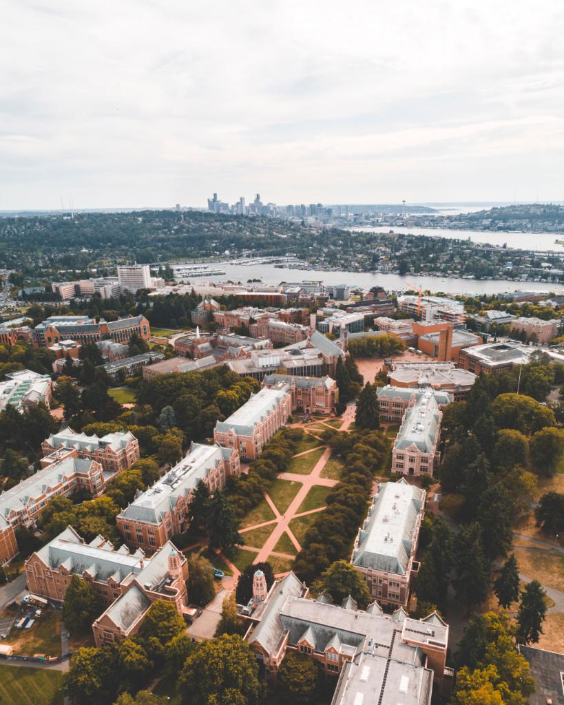 Campus aerial, summer, cloudy, the quad