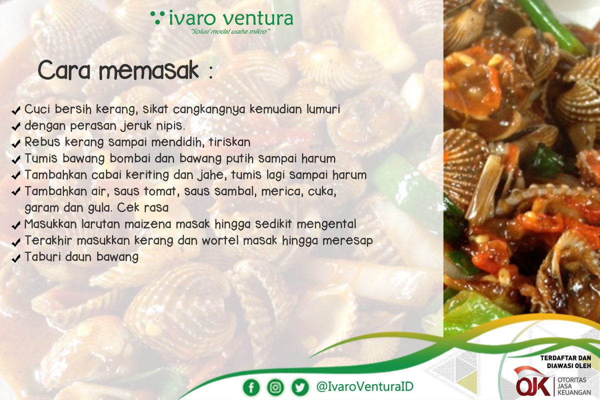 Siang semuanya..
Berikut adalah tips mengolah kerang asam manis.
Semoga bisa menjadi referensi usaha baru anda, selamat mencoba 😊

#modalusaha #usaha #butuhmodal #bpkb #jaminanbpkb