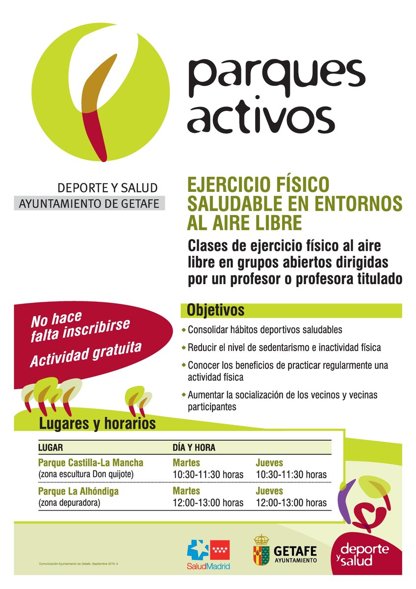 🗣️ Corre la voz !! En octubre vuelven nuestros #ParquesActivos !!
Un programa gratuito de actividad física al aire libre, dirigido por un profesional del deporte y sin necesidad de inscripción 🌳🚶‍♀️🚶‍♂️🌲
Consulta los horarios y ponte en forma con nosotros !!
#Getafe #DeporteySalud