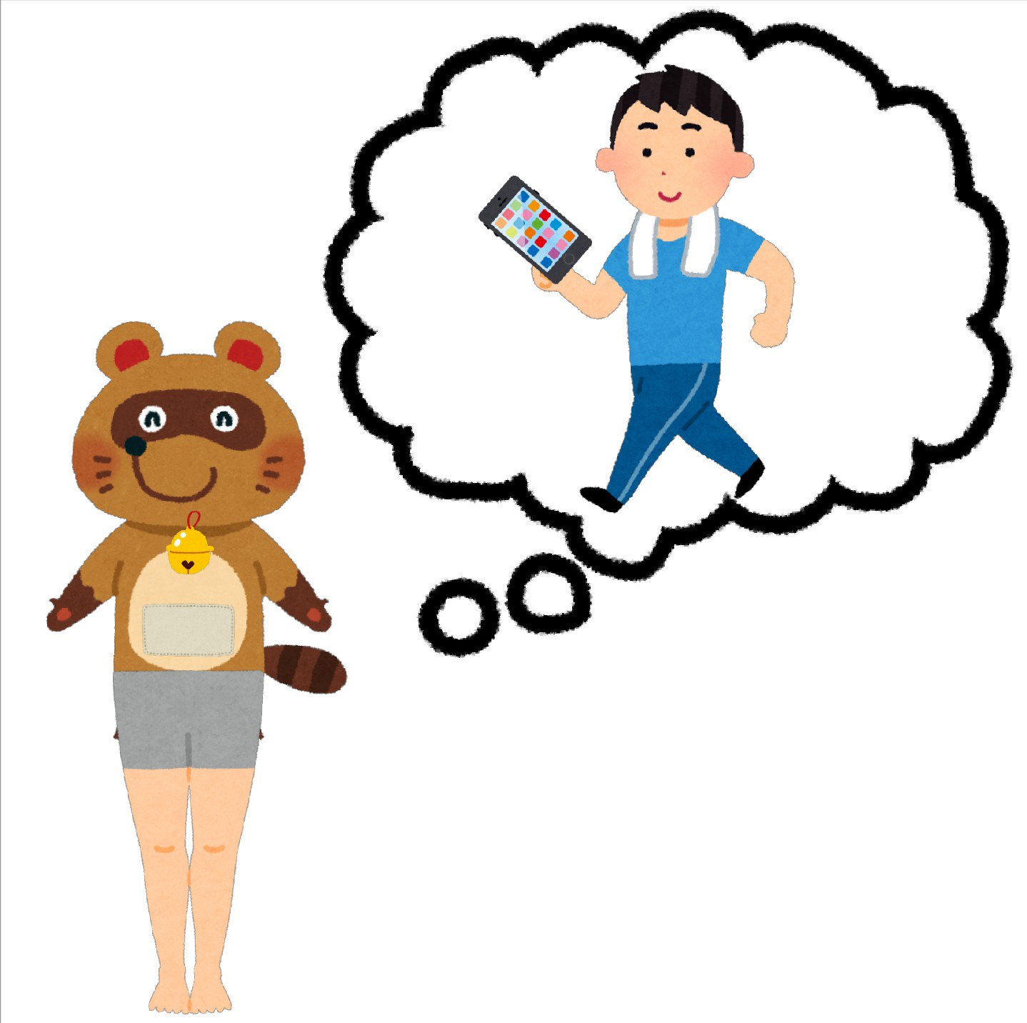 まいチクをいらすとやで再現 Dayukoume 再現難易度 使ったイラスト 7枚 ふきだしのイラスト ウォーキングをする男性のイラスト スマートフォン スマホのイラスト タヌキのキャラクター 鈴のイラスト 布のマークのイラスト 四角 脚の形状のイラスト