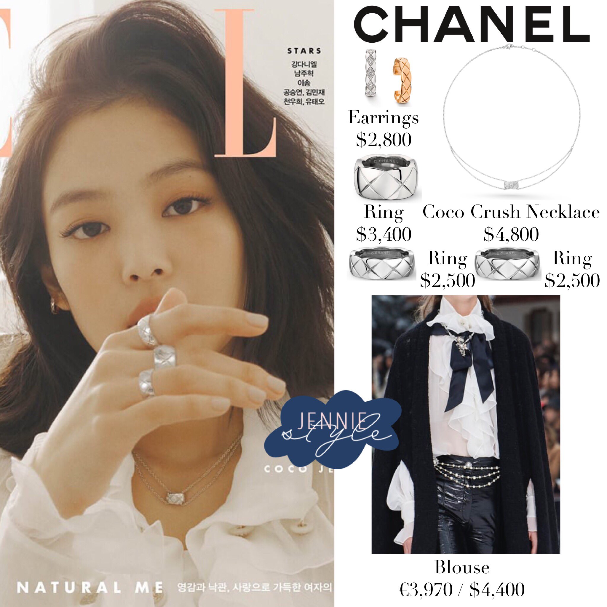 X 上的Jennie Style：「Jennie for ELLE Korea x CHANEL CHANEL Coco Crush Jewelry  & 1️⃣Blouse €3,970 / $4,400 2️⃣Jacket $6,500 & Belt $975 #jennie #jenniekim  #blackpink⁠ #blackpinkfashion #blackpinkstyle #jenn