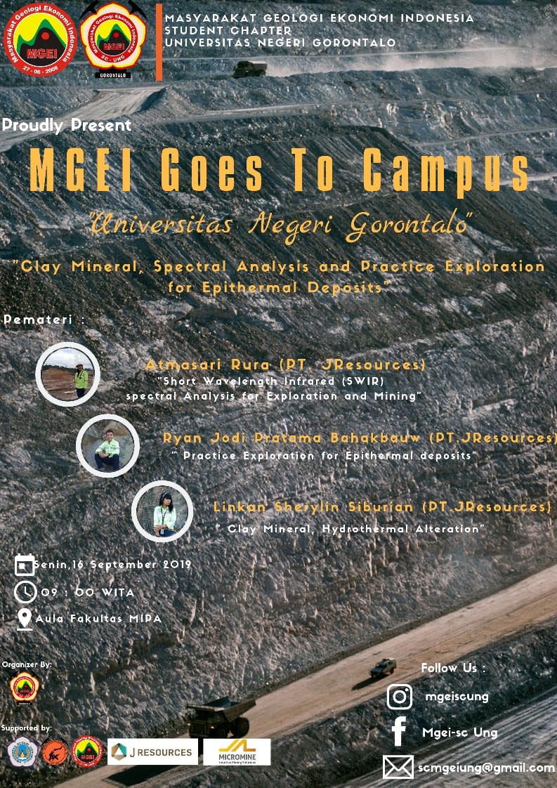 [MGEI RIDES TO CAMPUS]

"Clay Mineral, Spectral Analysis and Practice Exploration for Epithermal Deposits”
By: Atmasari Rura, Ryan Jodi P. B., Linkan Sherylin S. ( PT JResources) 

Senin, 16 September 2019 (09.00 WITA), Aula Fakultas MIPA UNG

#MGEIgoestoCampus <a href="/MGEIOfficial/">Pengurus Pusat MGEI</a>