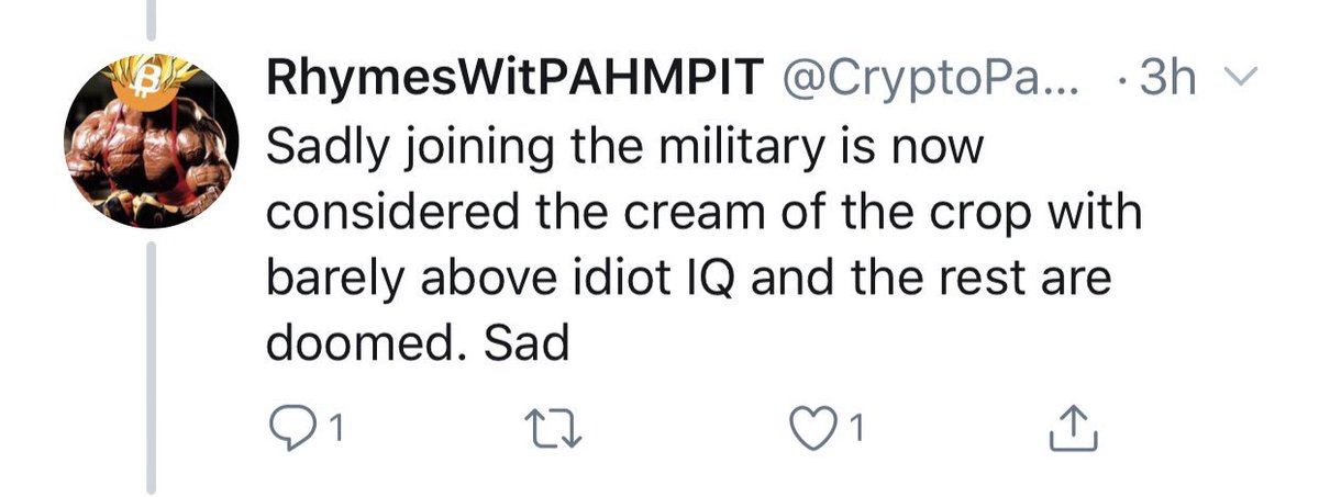 Vets4Blockchain's tweet image. Calling the military barely above idiot IQ.

Enjoy that freedom of speech someone else earned for you.