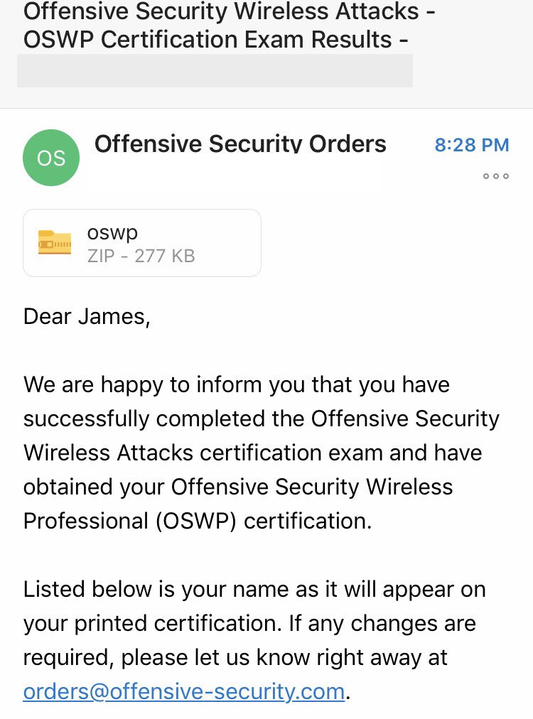 highmeh's tweet image. Passed the #OSWP. Thanks for a fun course, @offsectraining!