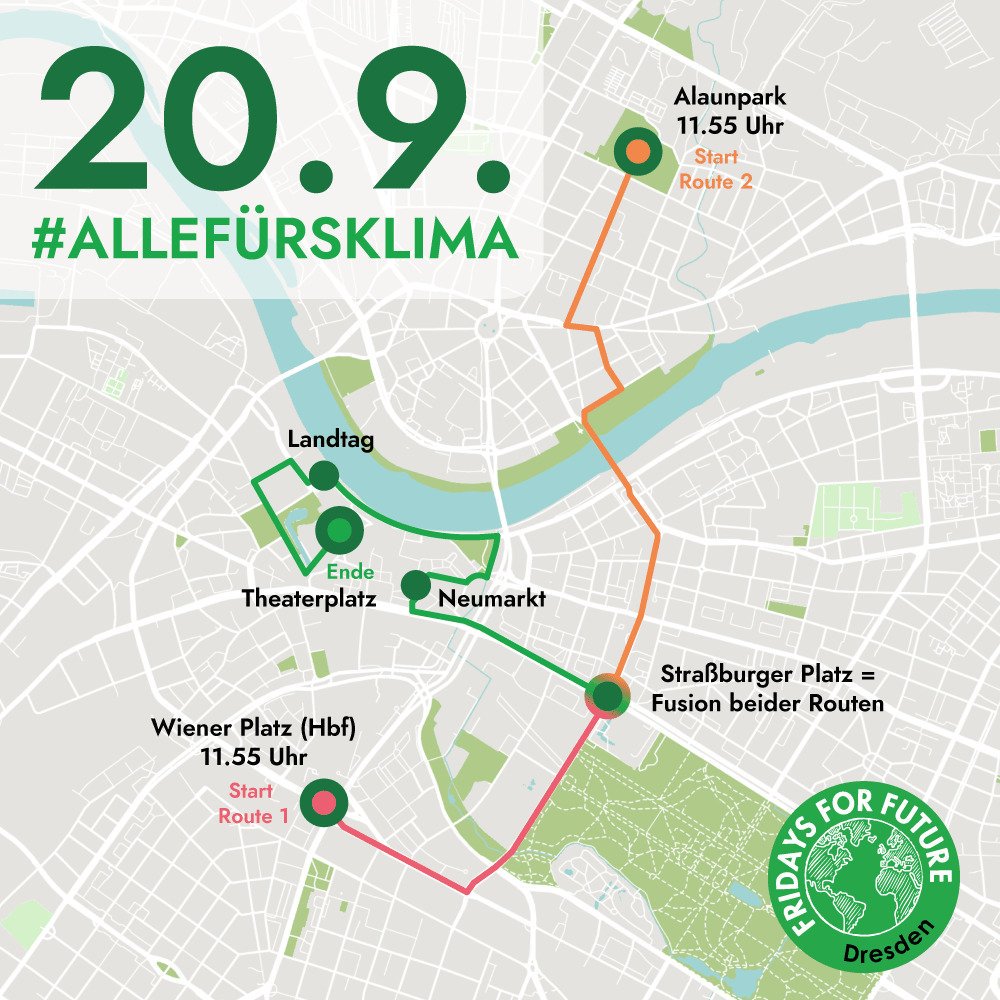 #AlleFuersKlima 

Am 20.09. findet ein weltweiter #Klimastreik statt.

In #Dresden gibt es eine #Demo gegen die #Klimakrise.

Start ist am #Alaunpark und am Hauptbahnhof, jeweils 11:55 Uhr

#endCoal #Hambi
#HambacherForst
#FridaysForFuture #ParentsForFuture
#ActNow
#endegelaende