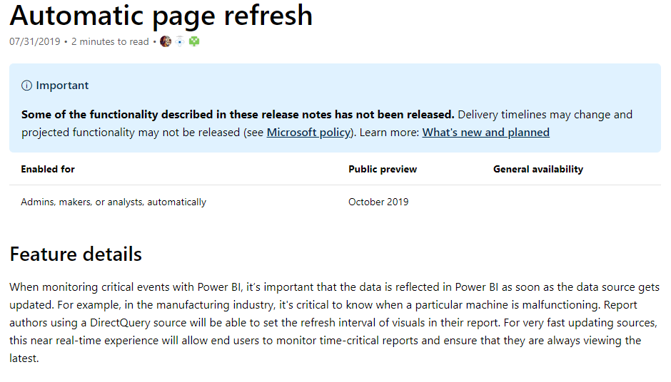 yugoes1021's tweet photo. Automatic page refresh

これも #MBAS2019 で紹介されていた Power BI の Release wave 2 の 注目する更新機能のひとつ。来月予定。

DirectQuery で作ったレポートの自動更新間隔がレポートで設定できる機能
https://t.co/33t27O4W9k
#PowerBI #PBIJP https://t.co/oXWVrX5Z18