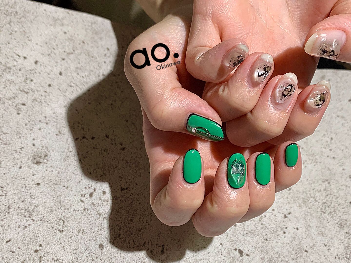 O Xrhsths Nail Ao Okinawa Sto Twitter Clear Green Nail Aonail Ao Naildesign Nailart Gel Gelnail Instanails Nailstagram Nailswag Fashionnails ジェル ネイル 沖縄ネイル 沖縄ネイルサロン 那覇ネイルサロン 個性派ネイル ちぐはぐネイル ニュアンスネイル