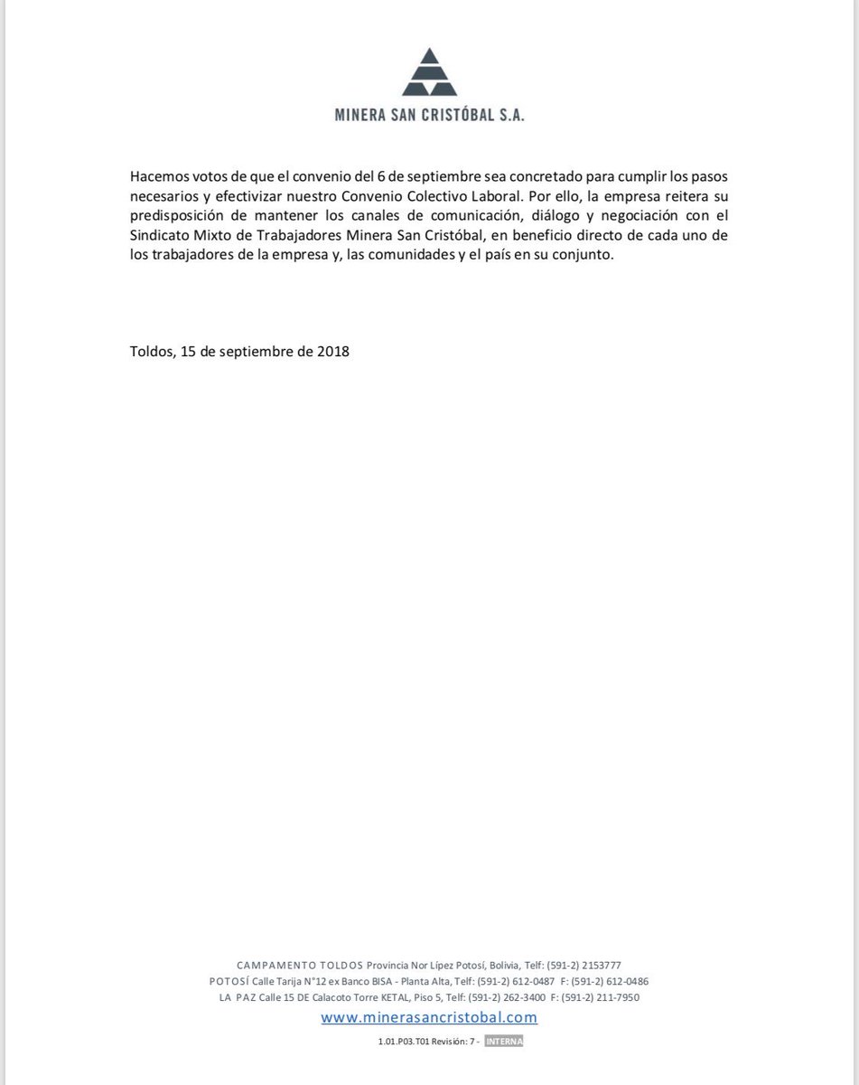 Comunicado oficial de Minera San Cristóbal S.A.