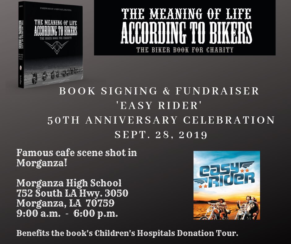 BikerBook4Chari's tweet photo. #morganza #louisiana - Sept. 28: Book Signing &amp; Fundraiser at the ‘Easy Rider’ 50th Anniversary Celebration.

The Biker Book for Charity is attending to honor Mr. Fonda’s participation in the #book.❤️

#easyrider #peterfonda #motorcycle #film #actor 
#thebikerbookforcharity https://t.co/SvL6uy5HHZ