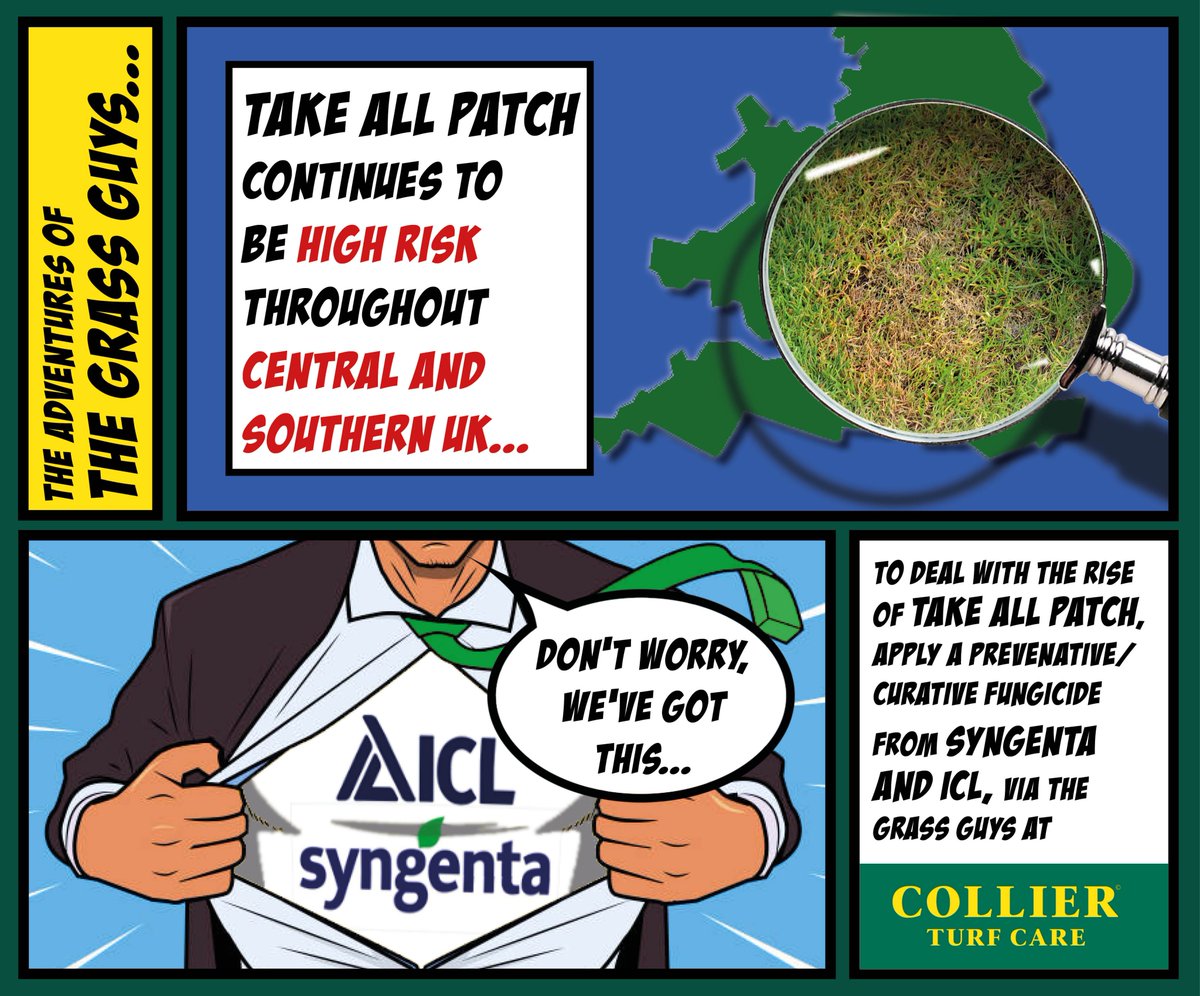 CollierTurfCare's tweet image. #TakeAllPatch continues to be High Risk throughout central and southern areas of the UK this week. 

Get your preventative or curative #fungicide from the Grass Guys at Collier Turf Care, as well as expert technical advice

👤 Contact your local area rep
📞 Call 01328 700600