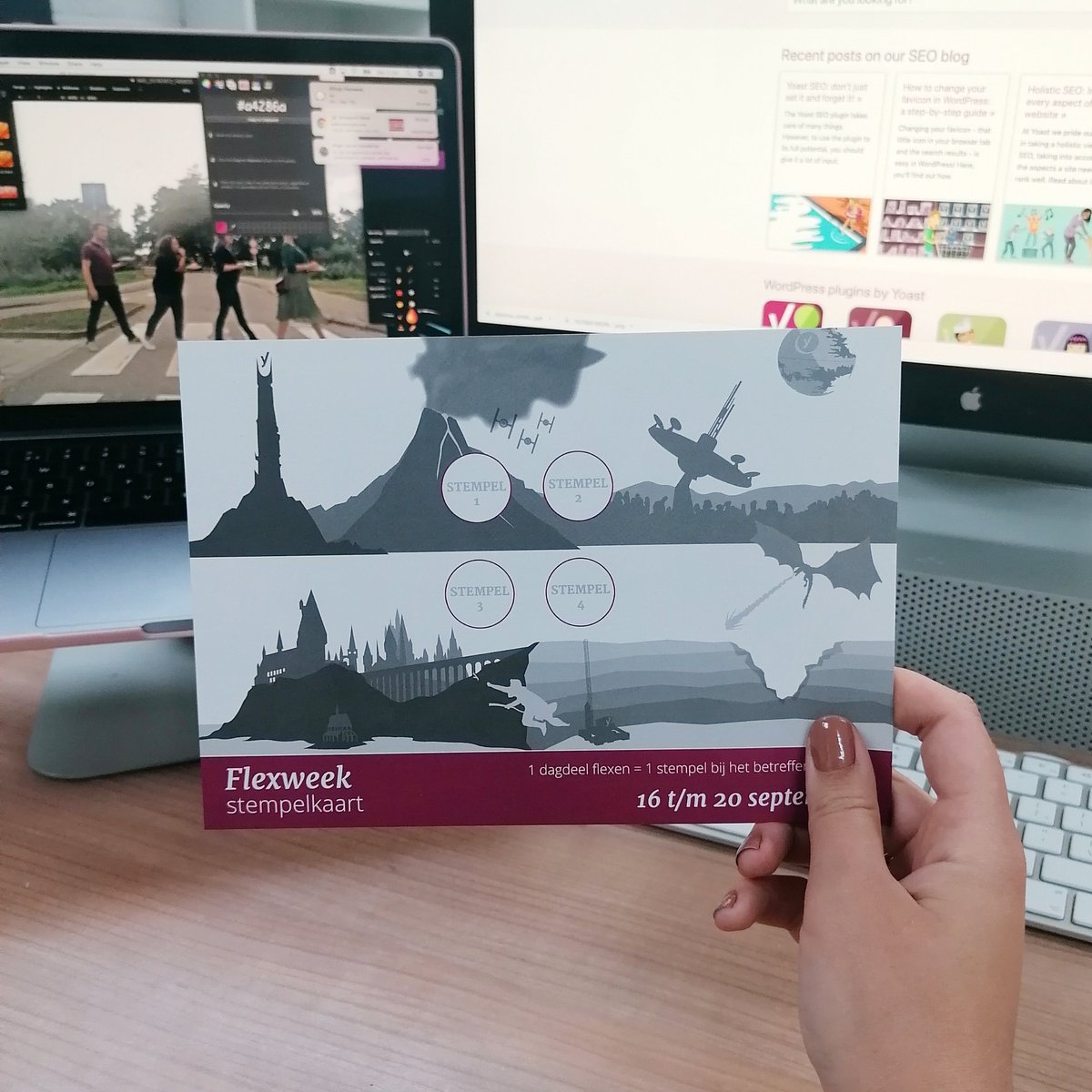 yoast's tweet photo. It's #FlexWeek! 💪🏽
This week we'll all be switching offices every day. This makes it easier to connect with colleagues from other teams! For every building we've worked at, we get a stamp. Full card = a gift! We're wondering what it could be! #OfficeLife 💻 https://t.co/DjIaj7qipV