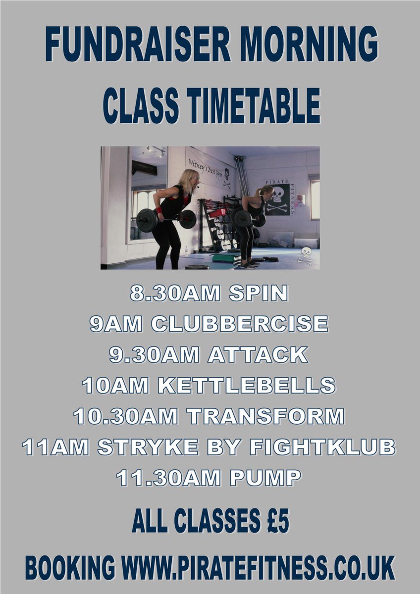 Join us this Saturday for a Fundraiser morning of fitness classes <a href="/pirate_fitness/">Pirate Fitness</a> Just £5 a session, all proceeds to help buy a community defibrillator for Witney #fundraiser #witneyfitness #witney