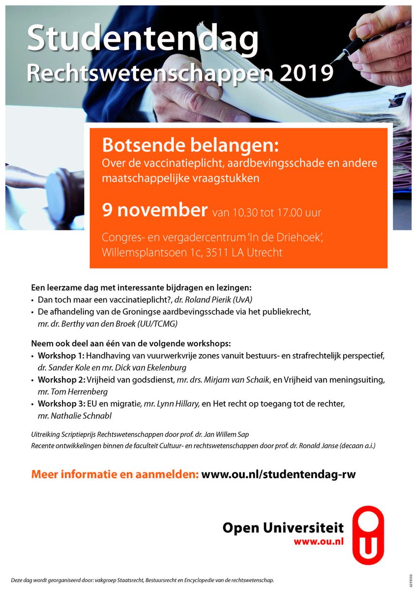 OU Rechten (@ou_rechten) on Twitter photo 9 november 2019: Studentendag Rechtswetenschappen in Utrecht.
Een dag vol interessante activiteiten voor studenten en alumni Rechtswetenschappen en studenten Schakelzone Recht <a href="/OU_Nederland/">Open Universiteit</a>.
Meld je nu aan!
Kijk voor meer informatie op ou.nl/studentendag-rw 9 november 2019: Studentendag Rechtswetenschappen in Utrecht.
Een dag vol interessante activiteiten voor studenten en alumni Rechtswetenschappen en studenten Schakelzone Recht <a href="/OU_Nederland/">Open Universiteit</a>.
Meld je nu aan!
Kijk voor meer informatie op ou.nl/studentendag-rw