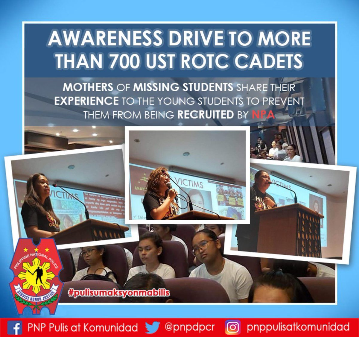 pnpdpcr's tweet photo. MOTHERS OF MISSING STUDENTS SHARE EXPERIENCES TO UST ROTC STUDENTS

#PNP
#PulisUmaksyonMabilis
#PNPPulisatKomunidad https://t.co/RoD8ZFrsWc