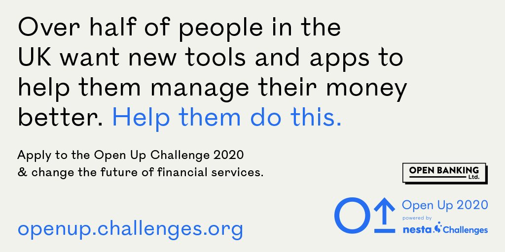 UKOpenBanking's tweet photo. Calling all #FinTechs โ the #OpenUpChallenge is accepting applications now - ยฃ1.5m in funding available and the chance to transform retail financial services through #openbanking. Register with @NestaChallenges today at https://t.co/vvZfgOLplI https://t.co/IYDUGYYrKc