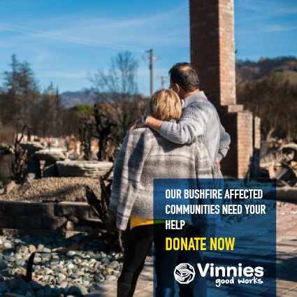 Vinnies is here to help bushfire-affected families. But we need your help. If you are able, please donate to: bit.ly/DonateQLDBushf… Thank you for your kind support. And if you need assistance, please call Vinnies Helpline 1800 846 643.