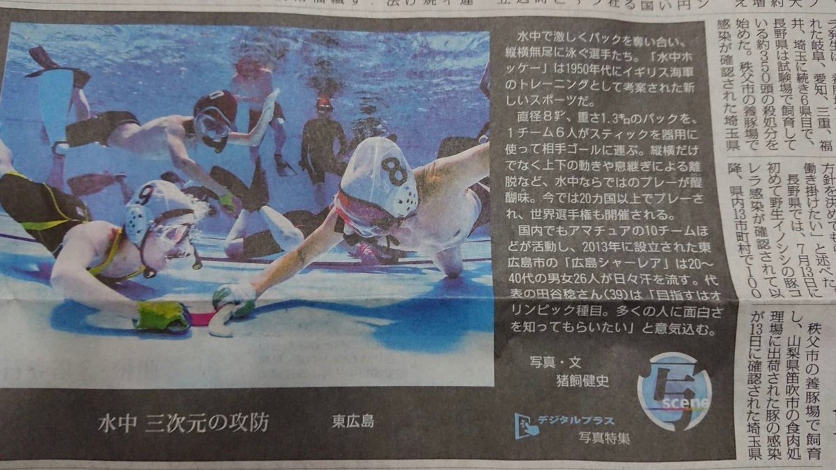 先日、関西地域の毎日新聞に水中ホッケーの記事が掲載されました！東広島にて取材、撮影が行われたものです。
ほんの少しでも興味を抱いてくださった方、いつでもお気軽にご連絡下さい🙌
 #水中ホッケー #広島 #東広島 #水泳 #競泳 #学生 #社会人 #初心者歓迎