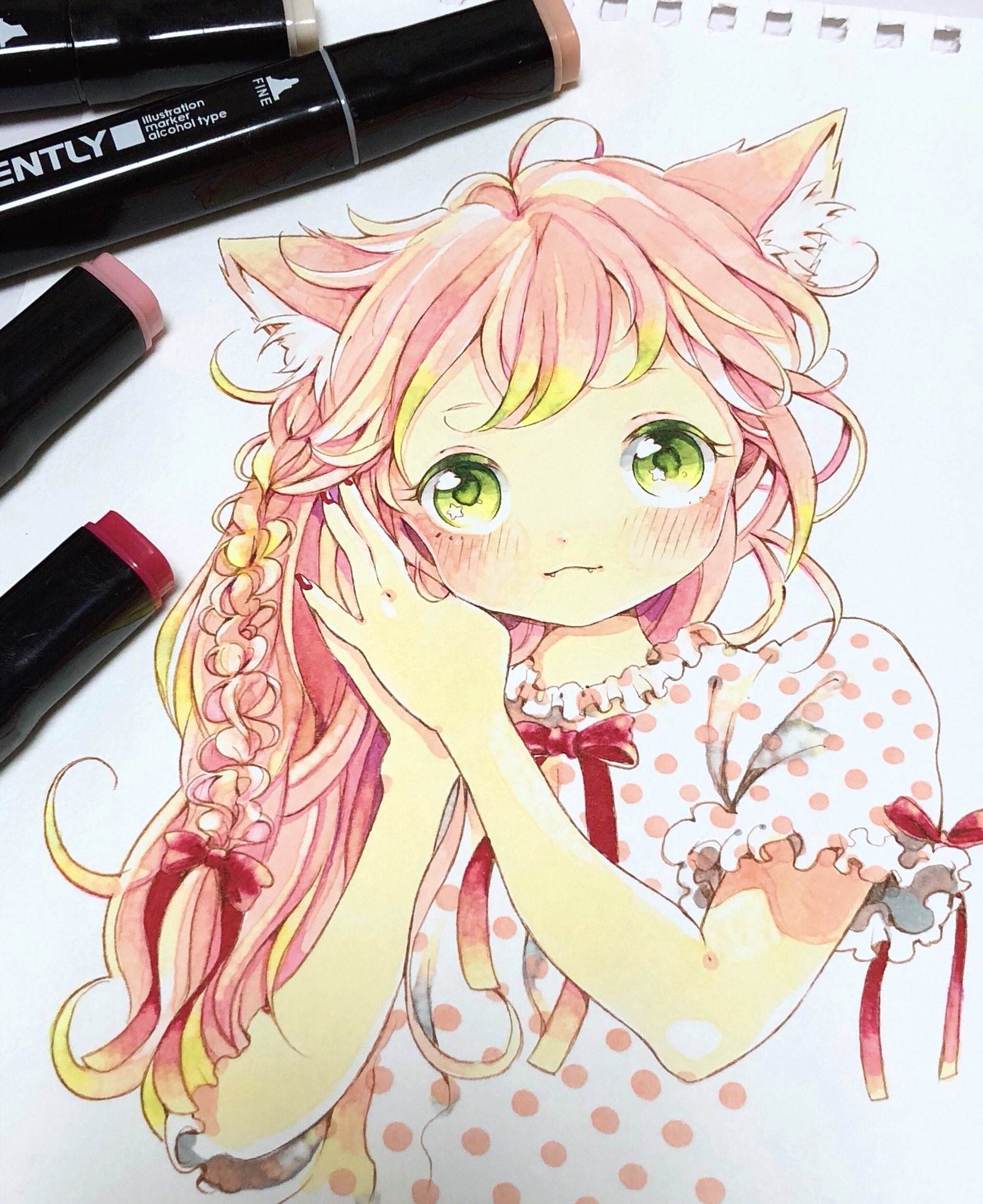 تويتر Mrk على تويتر ダイソーのイラストマーカーで塗ってみました コピックみたいにグラデーションを滑らかに塗るのは難しかったけど 試行錯誤しながら塗るのも楽しかったです 発色良い感じです 髪の毛塗るのに使ったベビーピンクが可愛い ダイソー