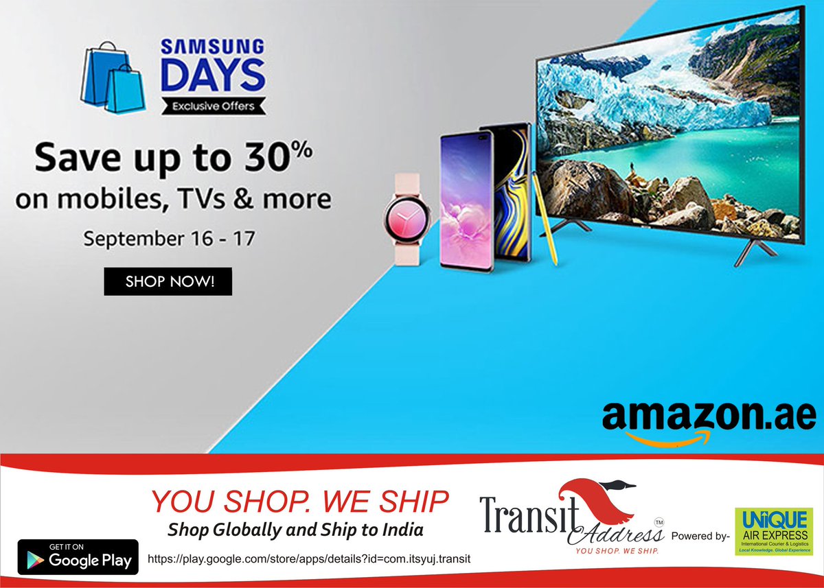 TransitAddress's tweet photo. Samsung Days! Exclusive Offer! Save up to 30% on Mobiles, TVs &amp; More! Easy shopping from UAE! Product link: https://t.co/3ZfTgwPuTc
#Shopping #International #Import #Delivery #India #UAE #AmazonAE #SamsungDays #MondayMotivation #MondayMood #mondaythoughts https://t.co/ZgiWC6cZVT