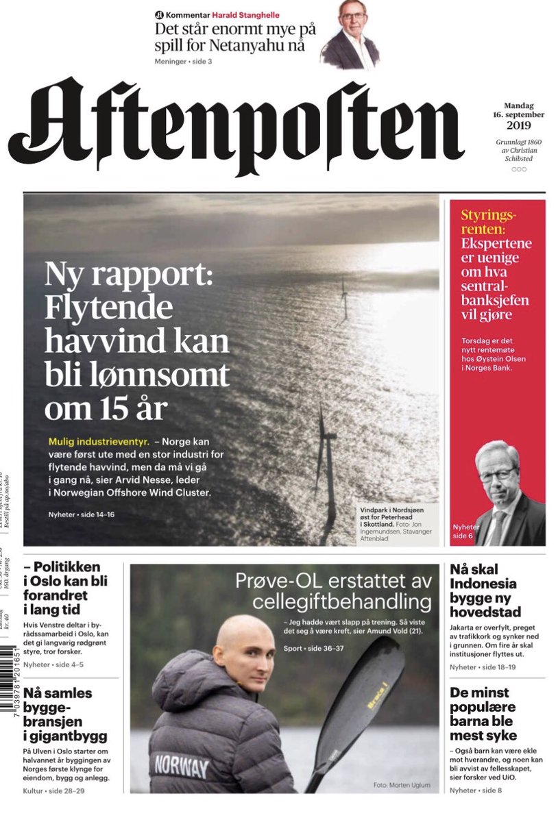 IvarSlengesol's tweet photo. Flytende havvind på forsidene til ⁦@Aftenposten⁩ og ⁦@StvAftenblad⁩ i dag. Basert på rapporten som ⁦@WindOffshore⁩ , ⁦@Eksportkreditt⁩ , ⁦@Rederiforbundet⁩ , ⁦@NorskIndustri⁩ m.fl. har bestilt. Det blir en interessant dag på Havvindkonferansen. https://t.co/XHebnZIwNQ