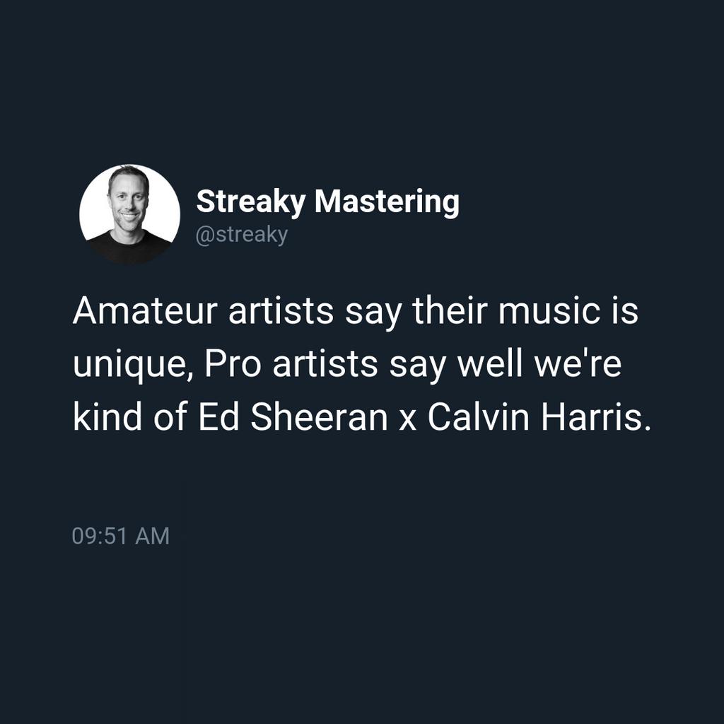 StreakyAcademy's tweet image. Own your Pigeon hole, it's an easier sell for all involved.

#masteringtips #audioengineertip #mastering #mixing #music #masteringstudio #audioengineer #sound #streakymastering #quote #masteringtip #mixingandmastering #masteringguru
