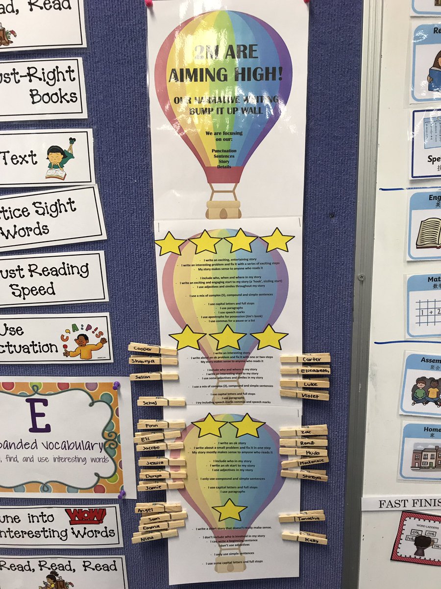 emilymatthews04's tweet photo. 2M are aiming high! Got to implement my new narrative writing bump it up wall in class today! My students honestly placed themselves where they thought their narrative writing skills were. Great way for students to see their improvements by moving up the wall! #acuedu_p https://t.co/RVF9UUtiR2