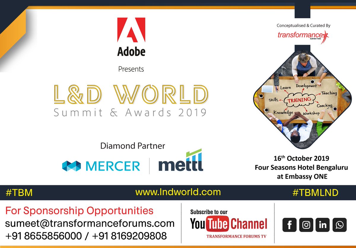 trfforums's tweet image. We&apos;re pleased to announce @MercerMettl
as our Diamond Partner for L&amp;amp;D World Summit &amp;amp; Awards 2019.
Registr lnkd.in/fqh3zhR
#learninganddevelopmentstrategy #learninganddevelopmenttrends #traininganddevelopment #learninganddeveopmenttechniques #learninganalytics #TBM #TBMLND