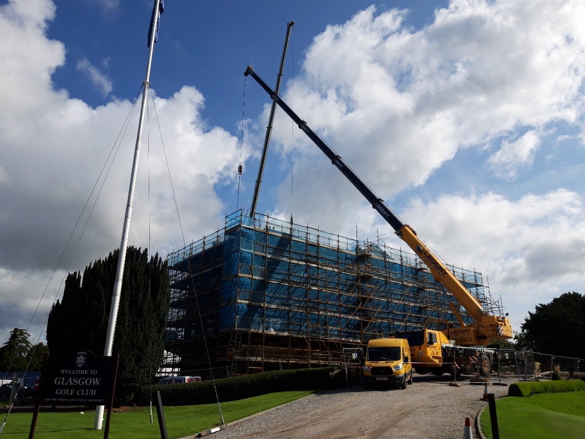 TJL_1868's tweet photo. Reinstatement works of the historic Glasgow Golf Club are now underway with cranes deployed to safely remove the fire damaged roof structure and to stabilise the building. This marks the first stage of restoring this famous clubhouse back to its best #TJLSiteUpdates https://t.co/zz03sWcvQU
