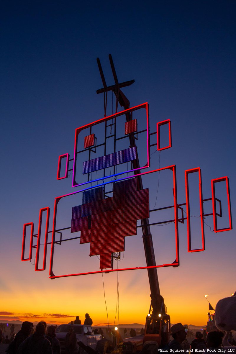 ERICSQUIRES1's tweet photo. Here's my favorite photo from #BurningMan2019 . #RobotHeart is a mobile sound art project, and this large icon accompanied the sunrise performance the morning of the day #Burningman sets fire to the namesake art piece. #Canon t4i body and a 24-70 kit lens. Thanks #documentaryteam https://t.co/3Hnjb0pEsx