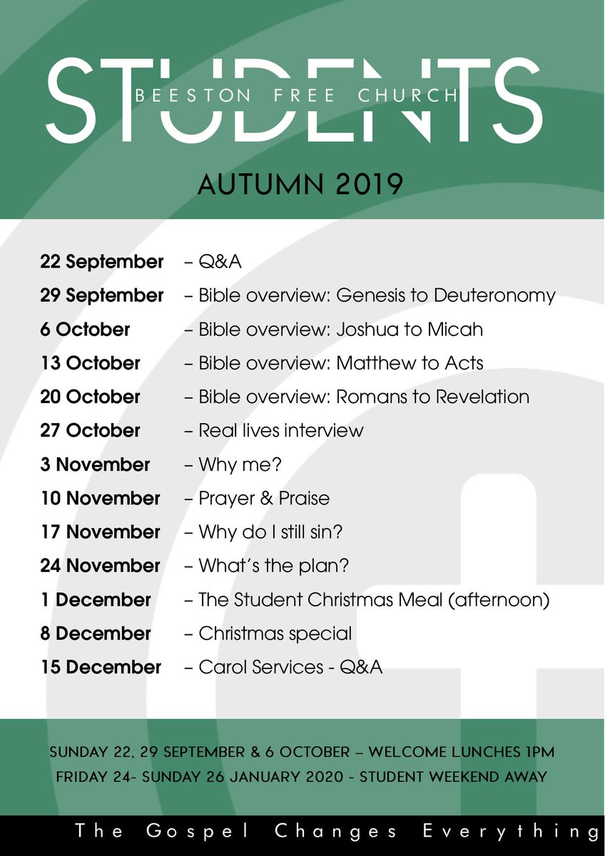 If you're a student coming to Nottingham, we'd love to see you <a href="/beestonfree/">Beeston Free Church</a> !  Here's what's going on this term in Student Room.