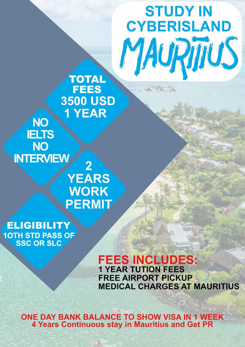 Want to Study in #Mauritius?

Live, Study and Work in Mauritius without IELTS.

2 Years Work Permit.

4 Years Continuous stay in Mauritius and Get PR.

Apply To Study in Mauritius- Call now @ +91-97234 63709. Free counselling.

#studyinmauritius #StudyAbroad #OverseasEducation