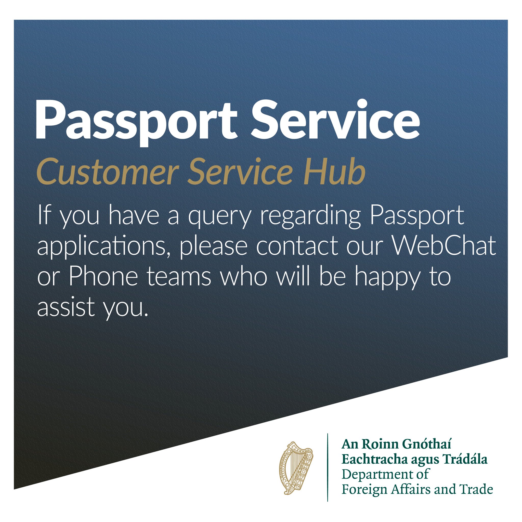 Irish Passport Service On Twitter Passport Service Customer Service Hub If You Have Any Passport Or Application Queries Please Contact Our Customer Service Hub Open From 9am Monday Friday Over Webchat Or Phone Https T Co Qc7n12camy<script async src=
