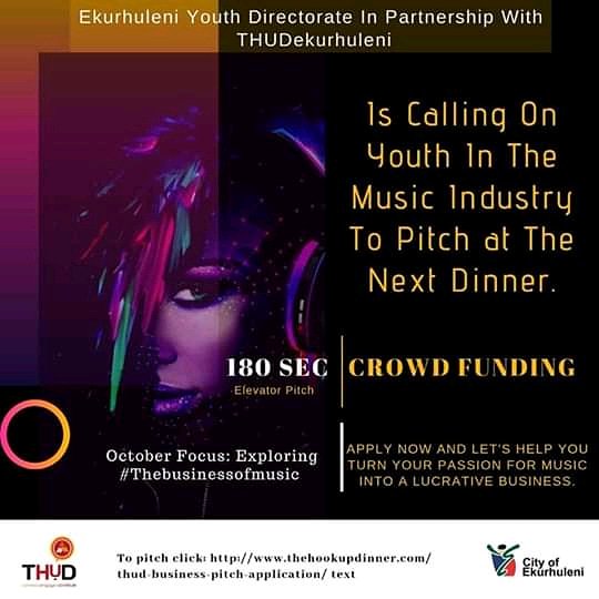 Youth in the music industry is invited to pitch at the next Ekurhuleni Youth Directorate & THUDekurhuleni dinner. #turnyourpassion for #music into a #lucrativebusiness .

#stimulatingcreativity #brighteningthefuture #isolembongi #music #art #ekurhuleni